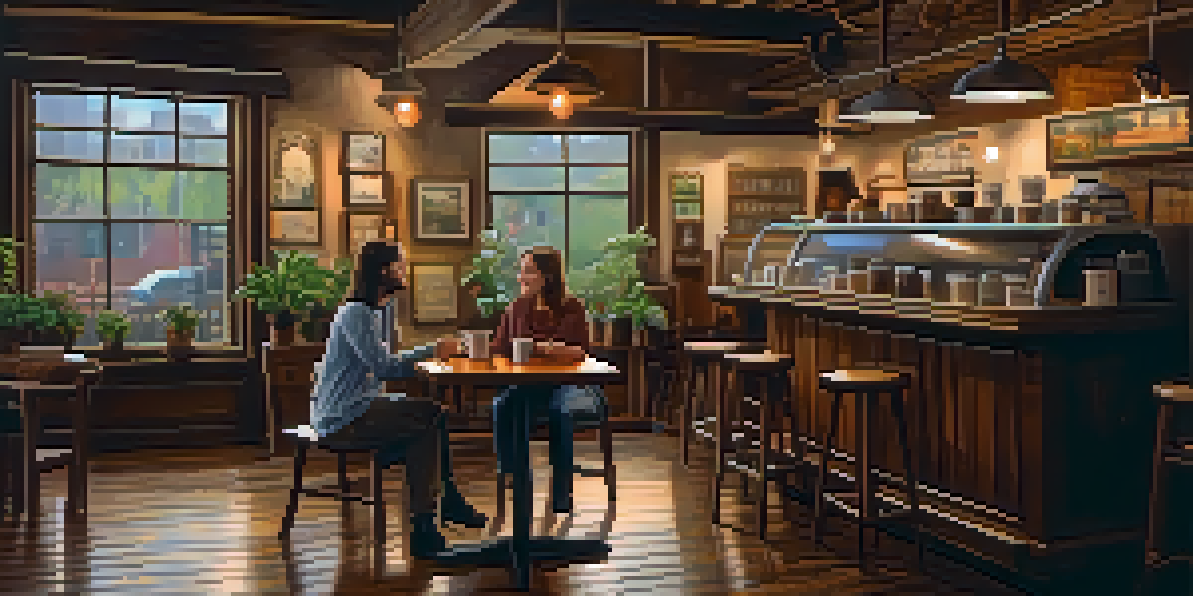 Two friends having a conversation in a cozy coffee shop, surrounded by warm lighting and rustic decor.