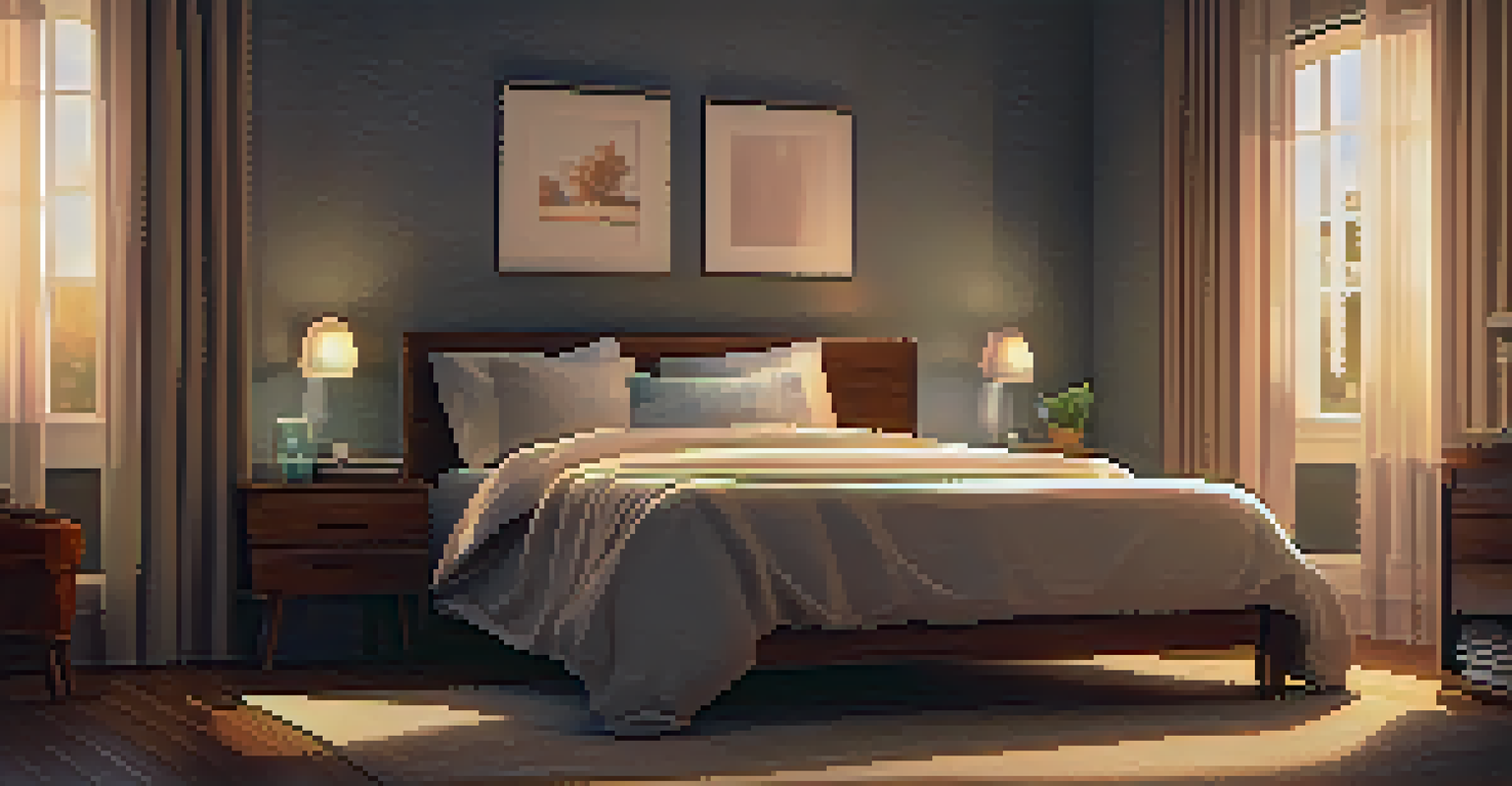 A cozy bedroom with a soft bed, warm lighting, and a nightstand with a book and water.