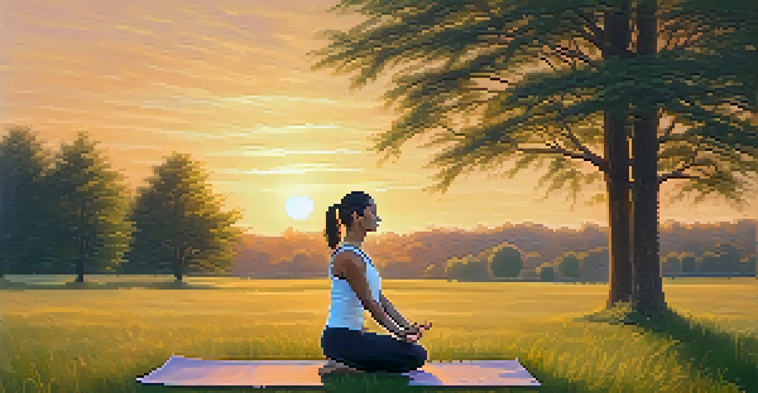 An individual practicing yoga outdoors in a grassy field at sunset, creating a peaceful and serene atmosphere.