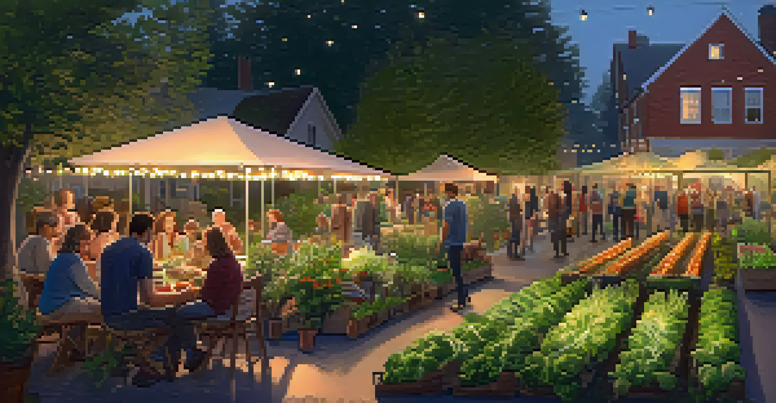 A peaceful community garden at sunset, featuring neighbors enjoying a potluck dinner with fairy lights in the background.