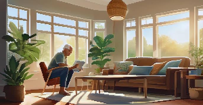 A senior man smiling while video calling his family on a tablet in a cozy living room filled with plants and family photos.