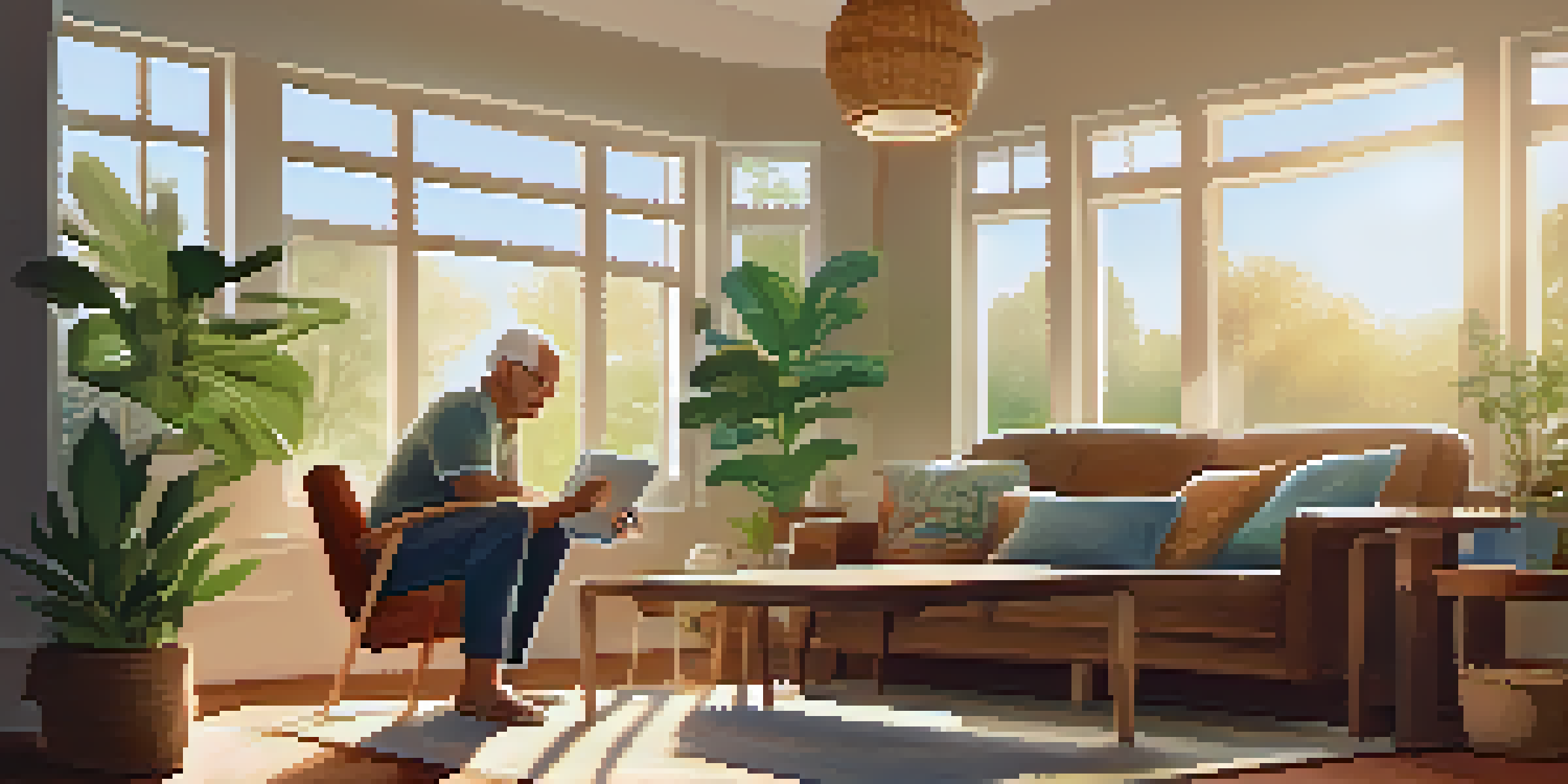 A senior man smiling while video calling his family on a tablet in a cozy living room filled with plants and family photos.