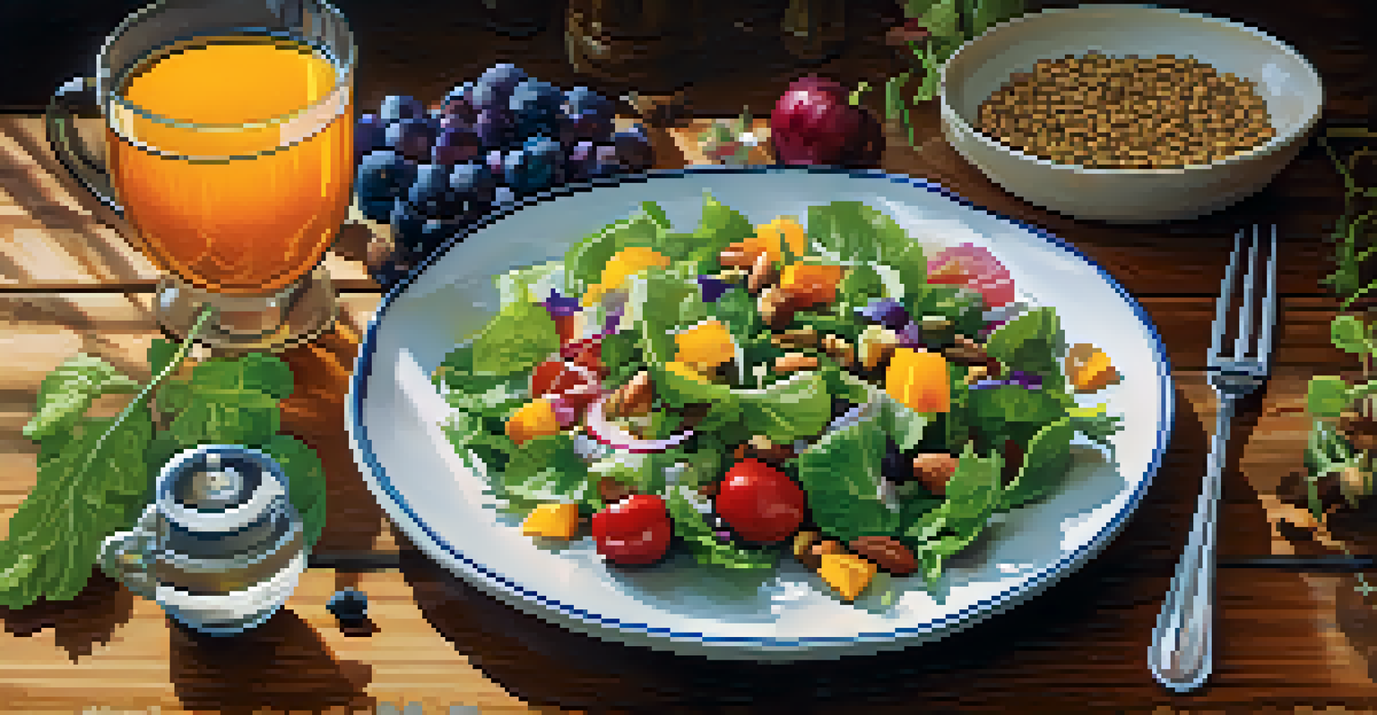 A close-up of a colorful salad with fresh vegetables and nuts on a wooden table, with a glass of herbal tea beside it, emphasizing healthy nutrition.