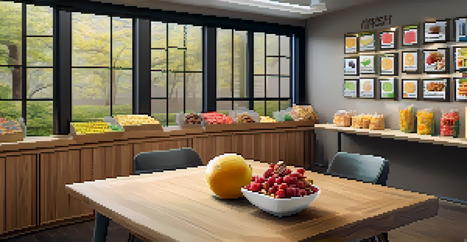 A break room with healthy snacks on a wooden table, decorated with motivational quotes, promoting a culture of wellness among employees.