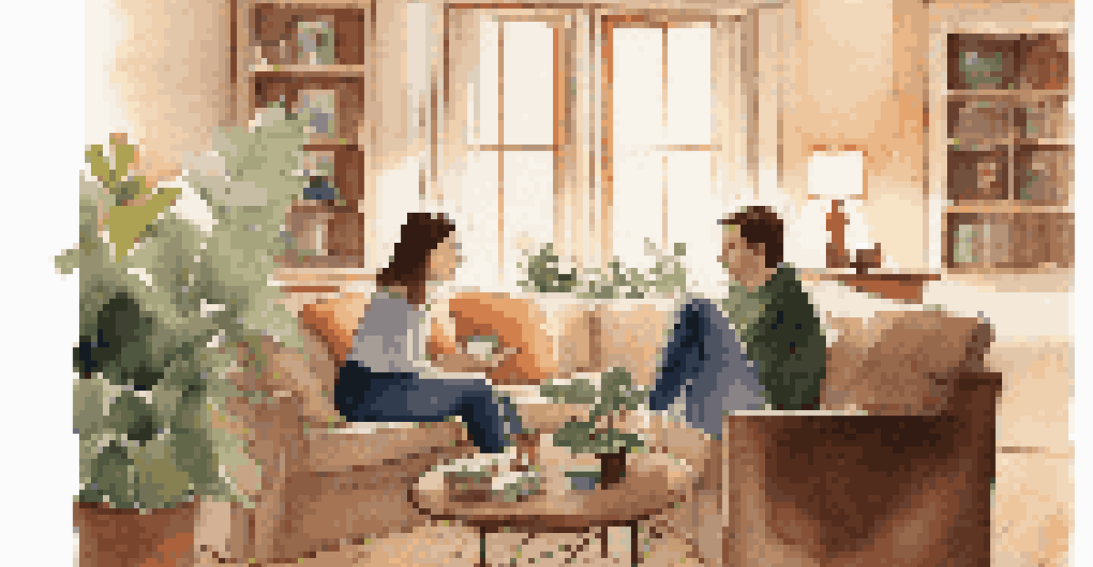 A couple sitting on a couch in a cozy living room, engaged in a deep conversation with steaming mugs on the table.