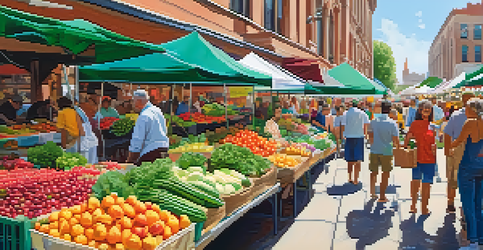 A lively farmers' market filled with people shopping for fresh fruits and vegetables under colorful canopies.