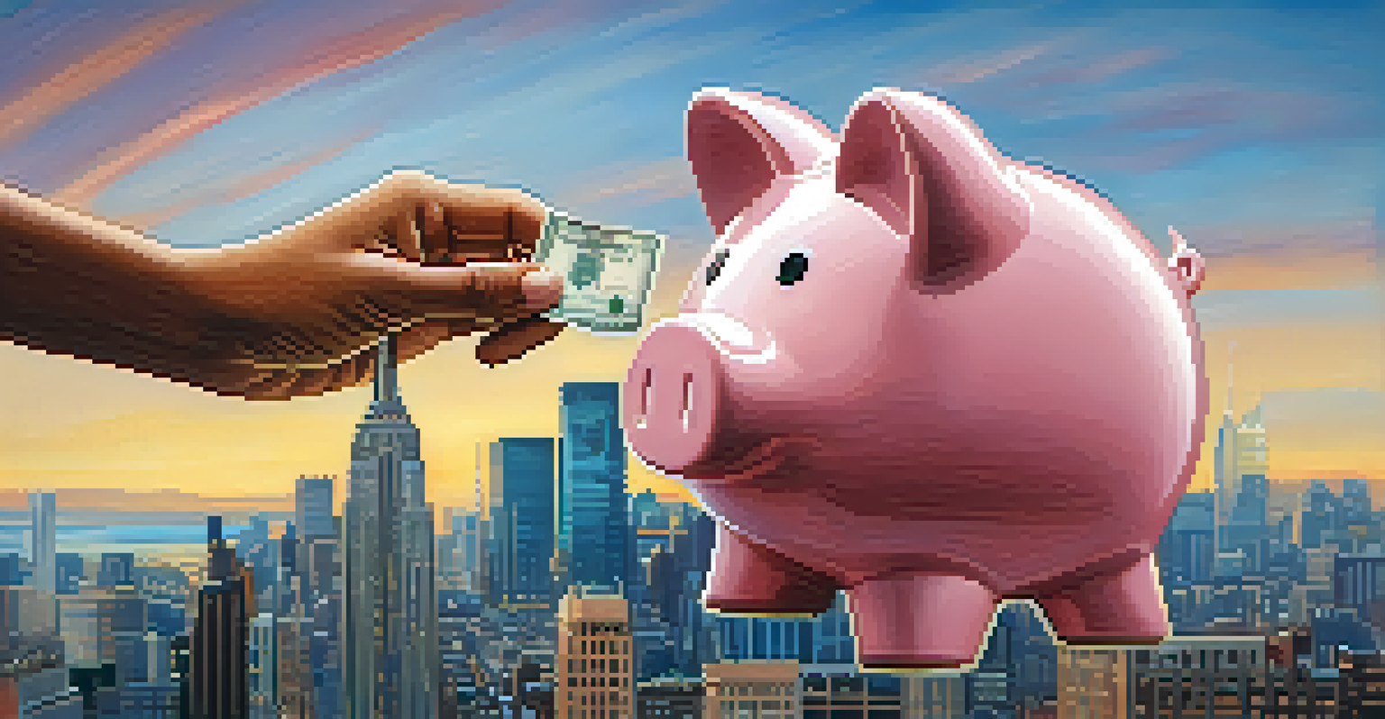 Close-up of two hands exchanging a piggy bank against a blurred city skyline background.