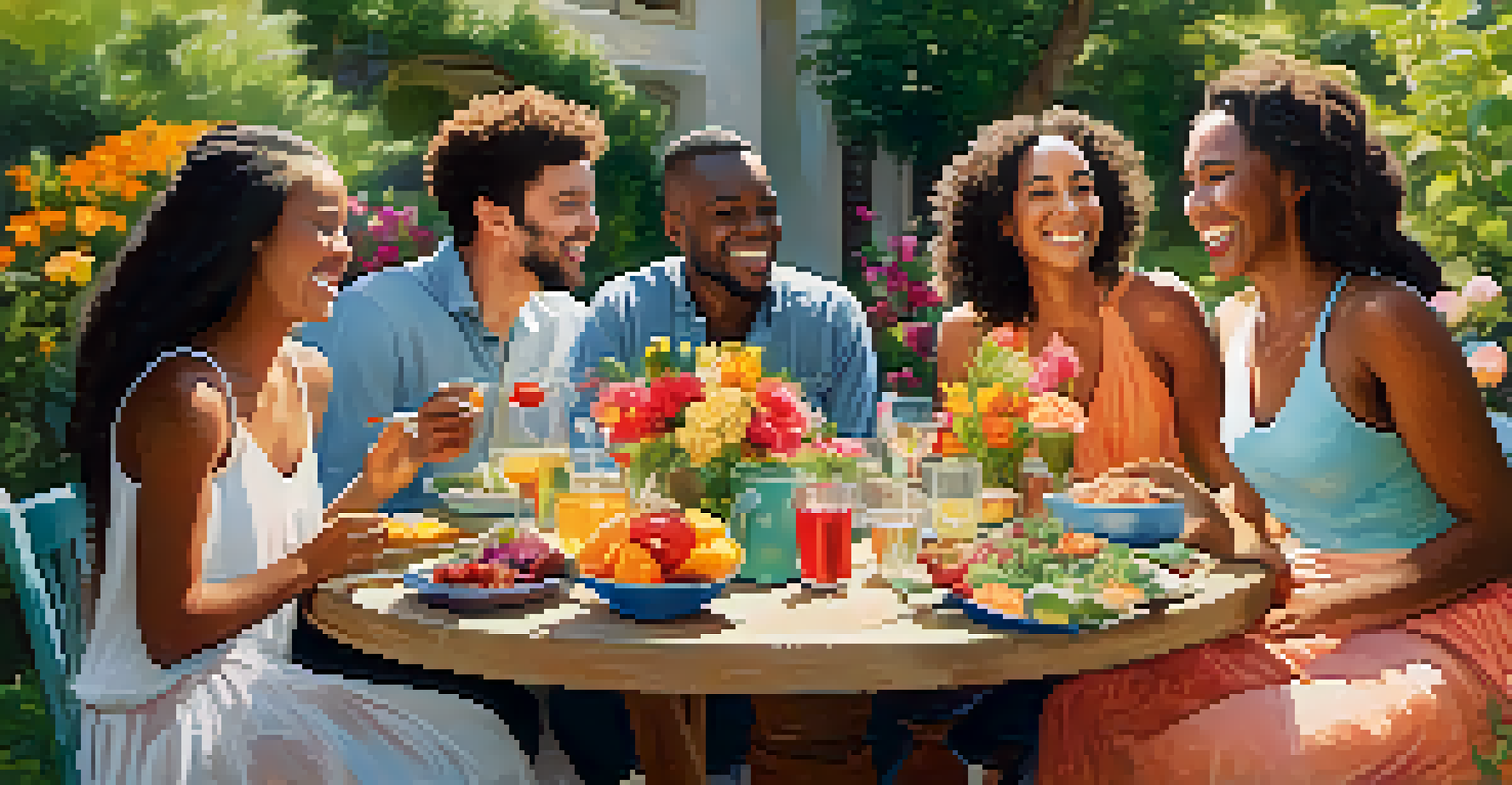 A diverse group of friends enjoying a meal together in a sunny garden, showcasing joy and connection.