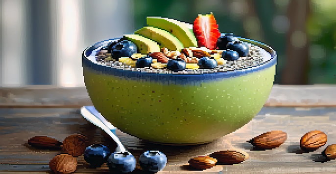 A colorful smoothie bowl filled with superfoods like chia seeds, blueberries, and sliced avocado on a rustic wooden table, with natural sunlight illuminating the scene.
