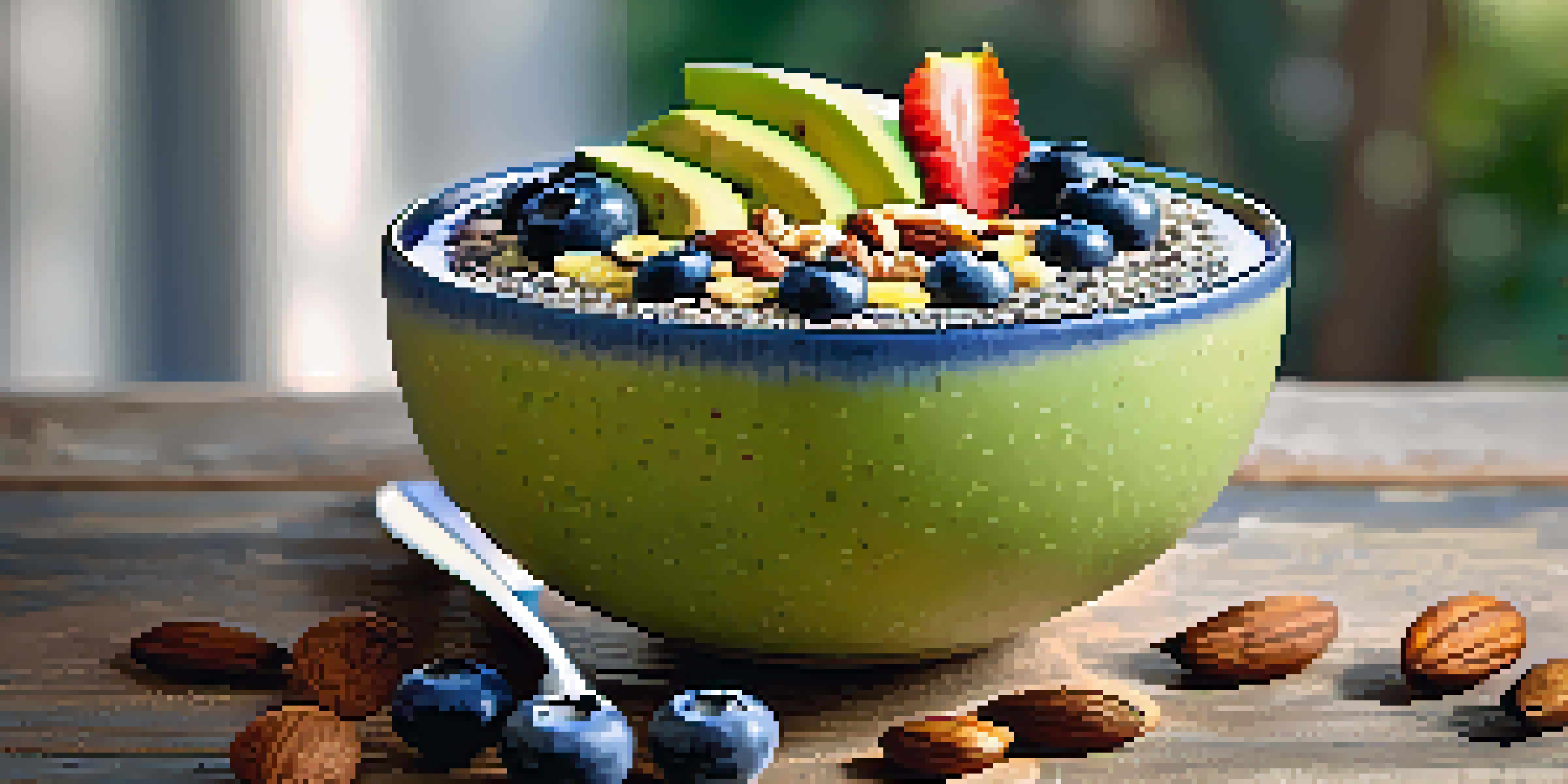 A colorful smoothie bowl filled with superfoods like chia seeds, blueberries, and sliced avocado on a rustic wooden table, with natural sunlight illuminating the scene.