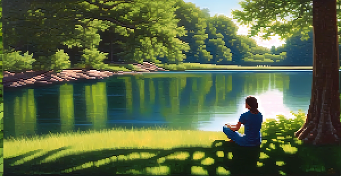 A person meditating by a tranquil lake, surrounded by green trees and sunlight filtering through the leaves.