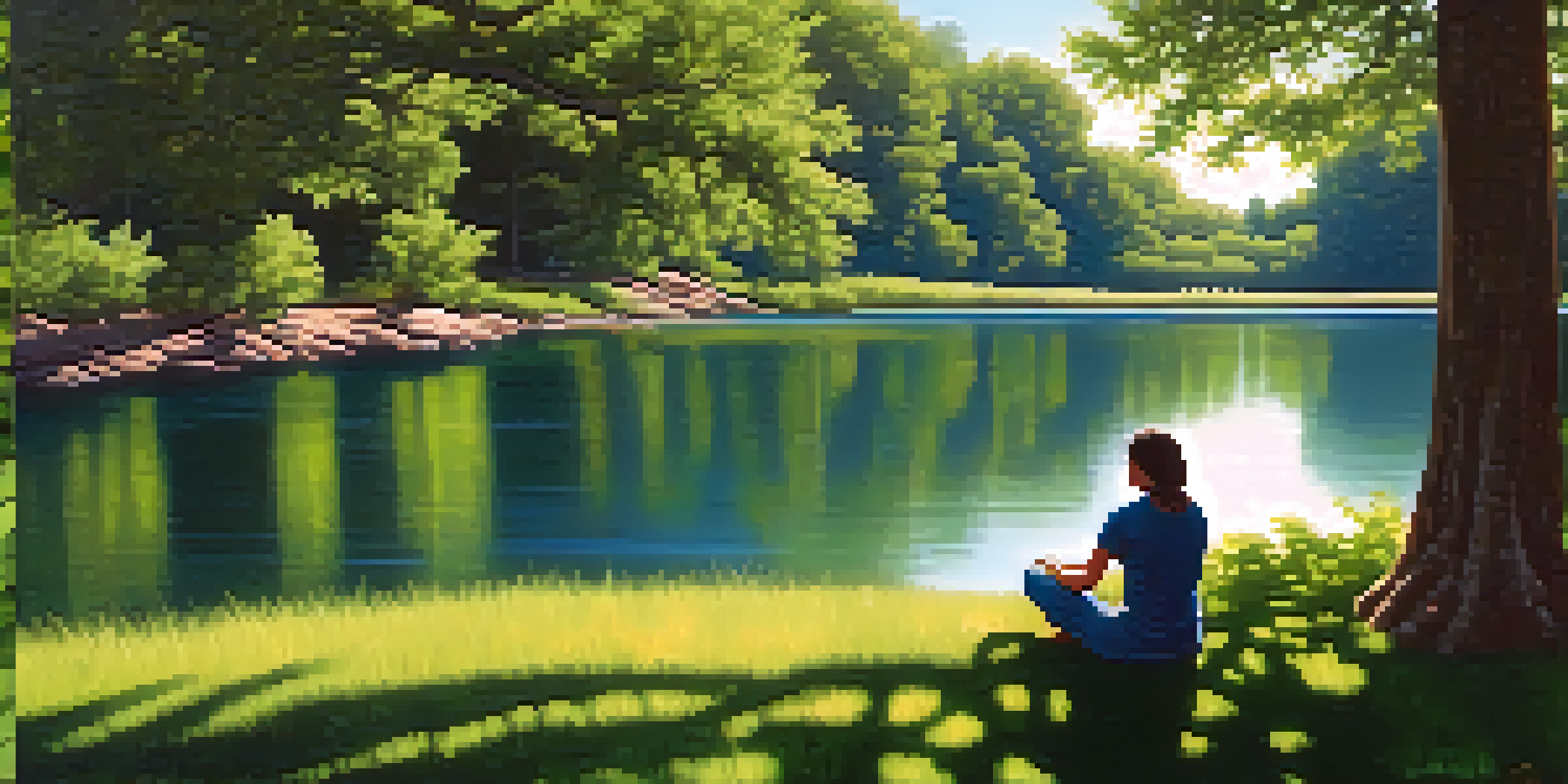 A person meditating by a tranquil lake, surrounded by green trees and sunlight filtering through the leaves.