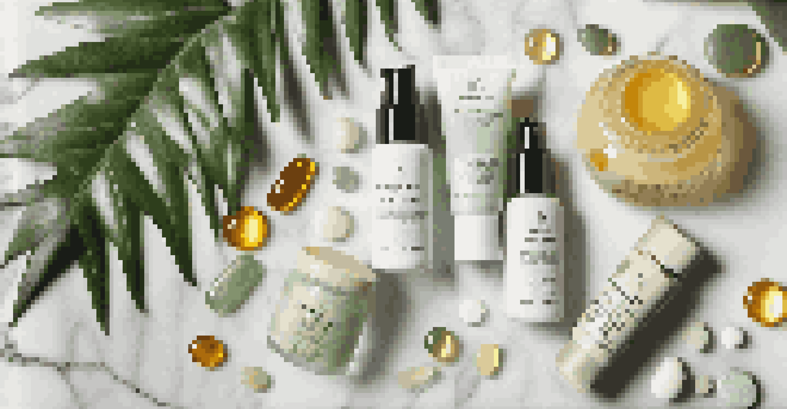 A flat lay of Vitamin E skincare products including a serum, moisturizer, and capsules on a marble surface, with green plants around.