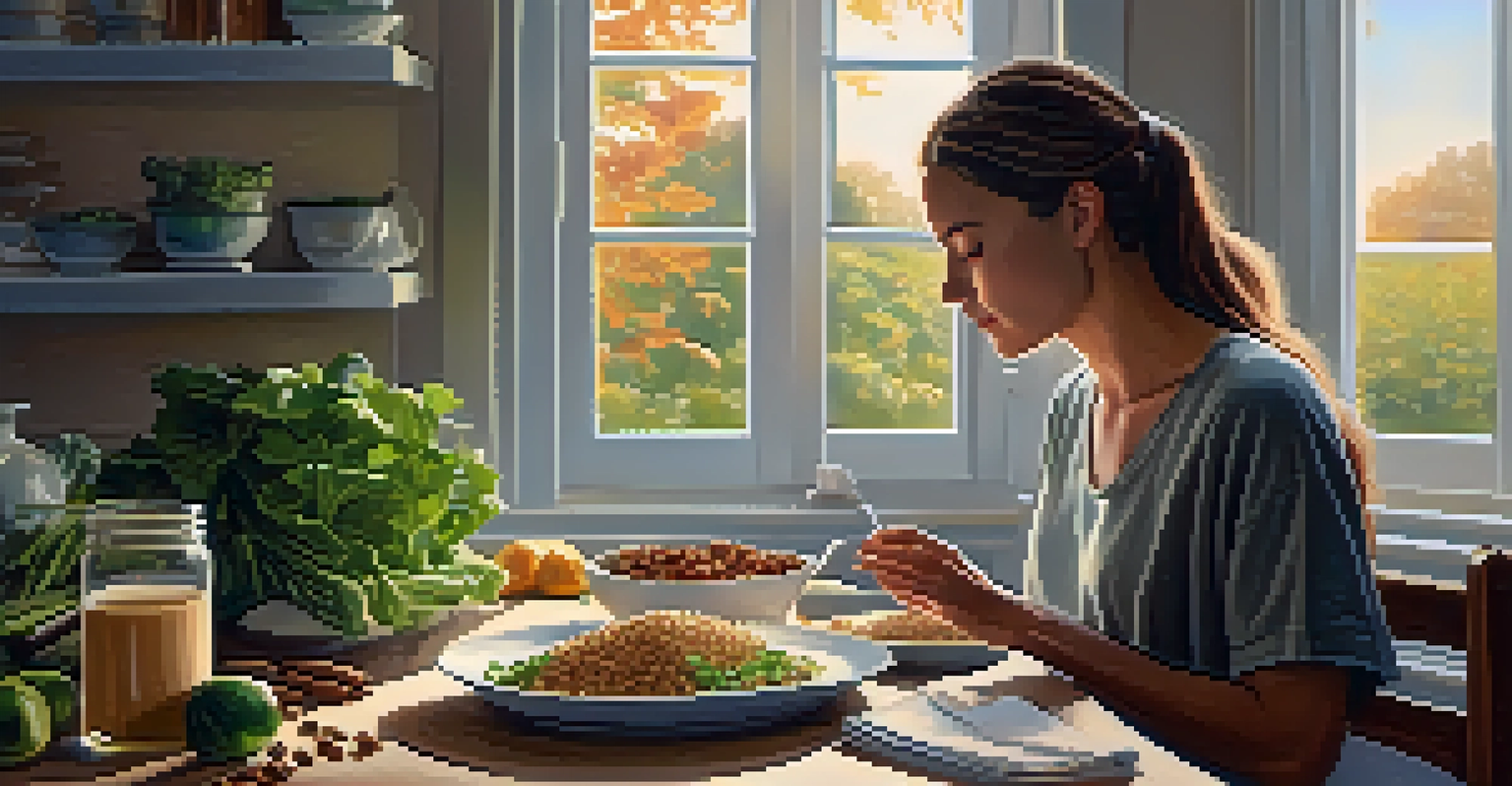 A person enjoying a healthy meal in a serene kitchen, highlighting the practice of mindful eating.