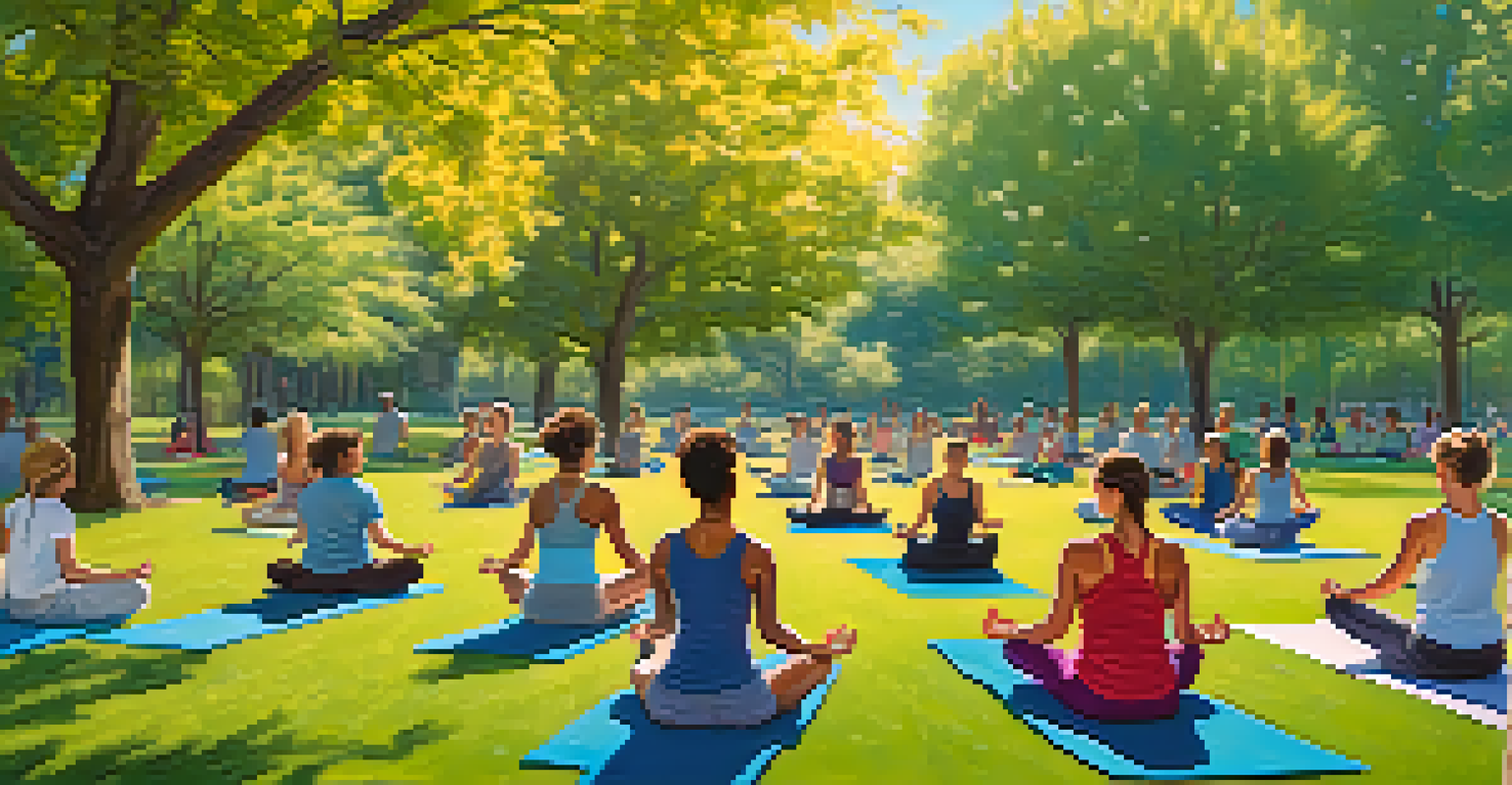 Participants of different ages practicing yoga in a park, surrounded by trees and a blue sky, emphasizing tranquility and wellness.