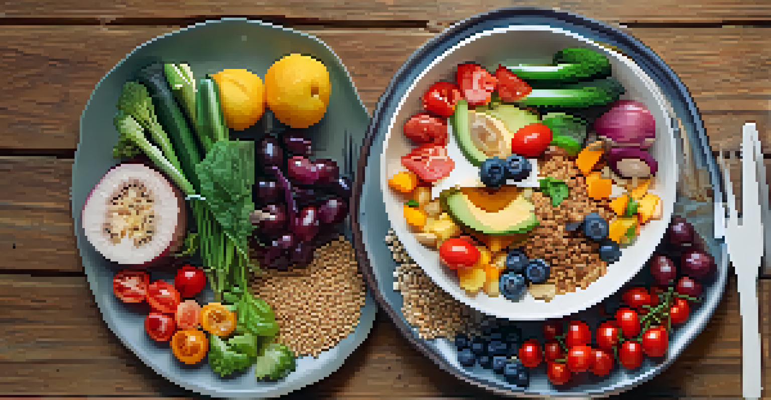 A close-up of a colorful healthy meal on a wooden table, with hands holding a fork, symbolizing the practice of mindful eating.