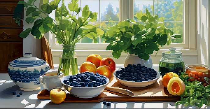 A bright kitchen with fresh fruits and vegetables on a wooden table, illuminated by sunlight.