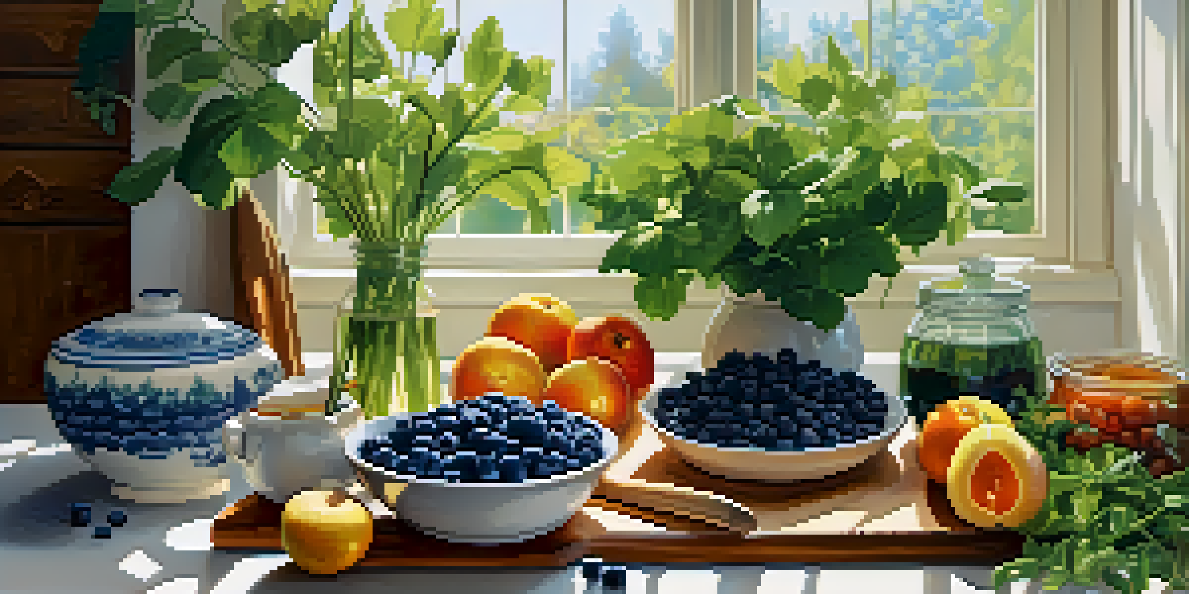A bright kitchen with fresh fruits and vegetables on a wooden table, illuminated by sunlight.