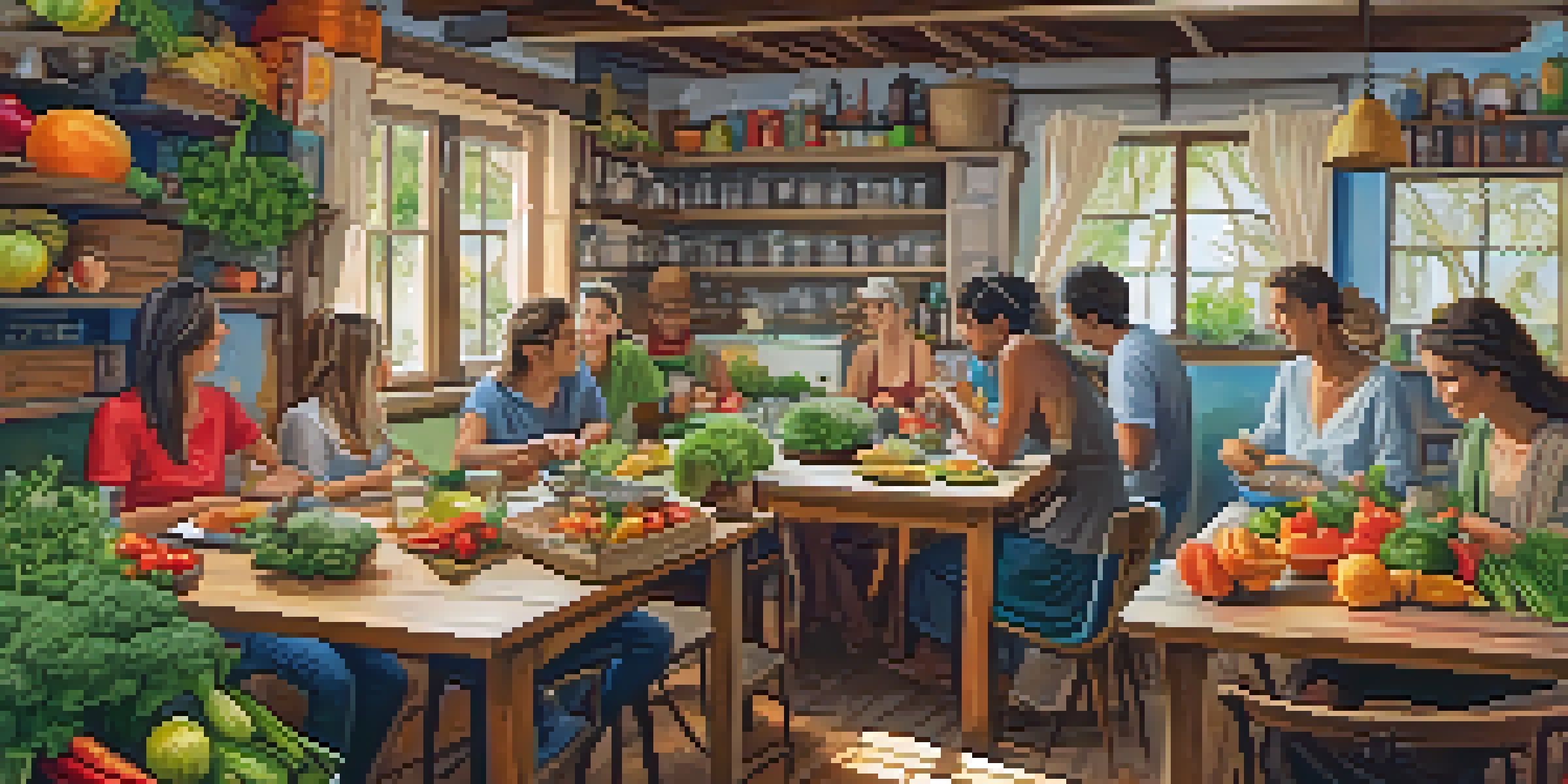 A bright and inviting hostel kitchen where travelers are cooking healthy meals together, with colorful food and travel photos on the walls.