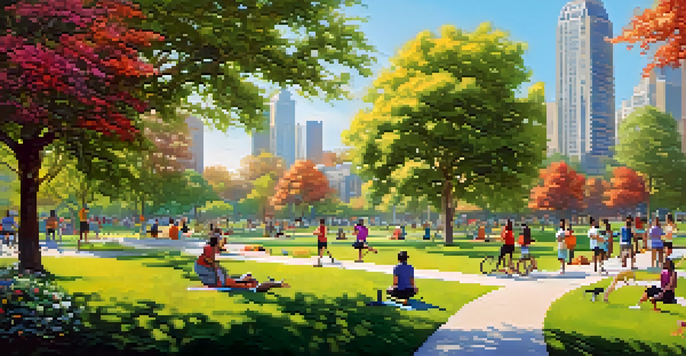 An urban park filled with people jogging, biking, and practicing yoga, surrounded by trees and flowers, with modern buildings in the background.