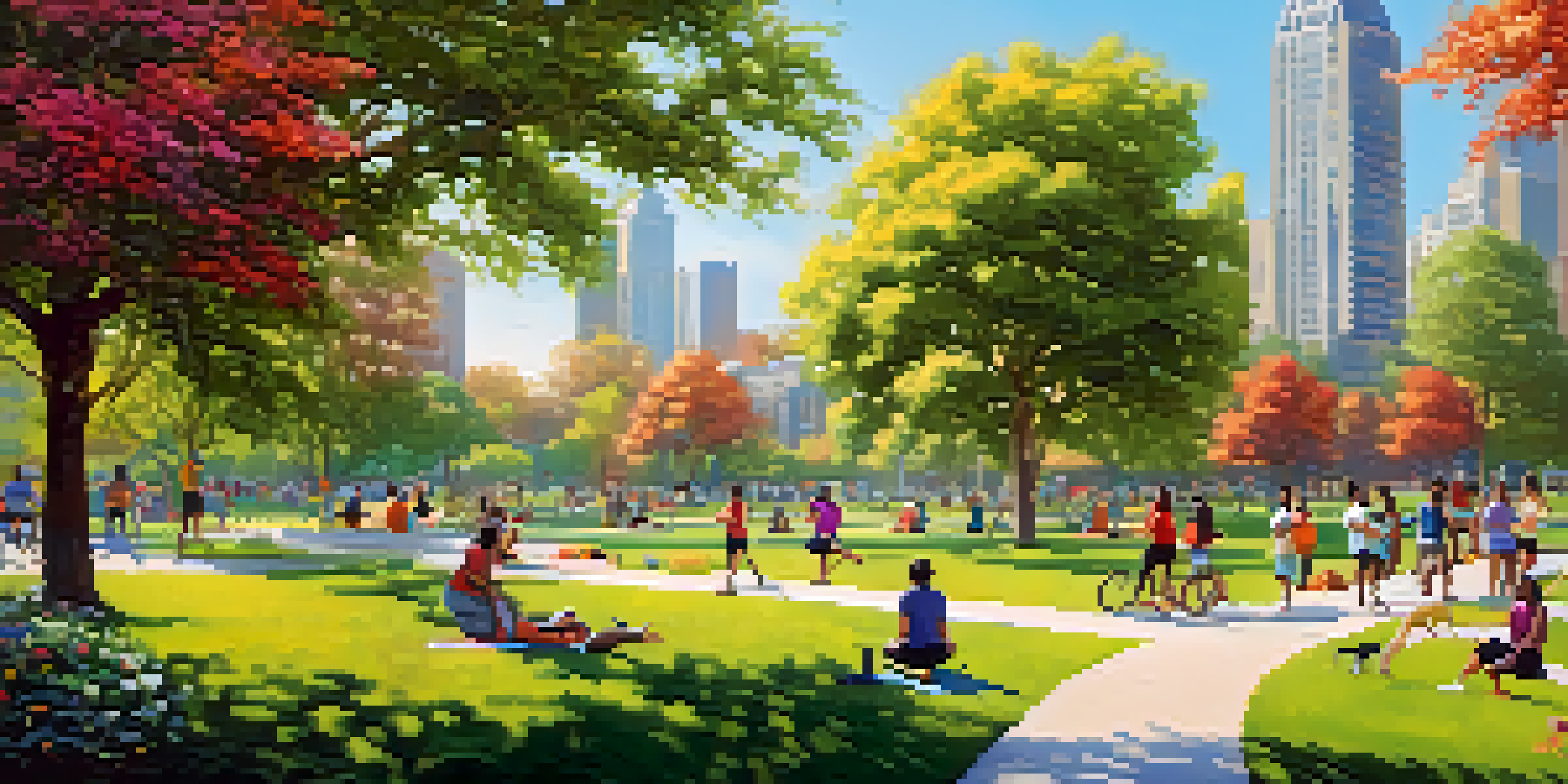 An urban park filled with people jogging, biking, and practicing yoga, surrounded by trees and flowers, with modern buildings in the background.