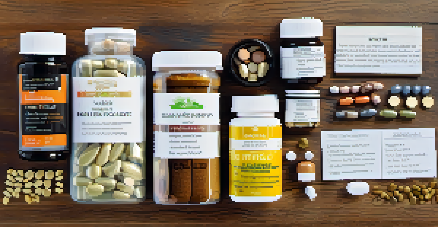 A flat lay of dietary supplements with labels on a wooden surface, accompanied by a notepad with notes.