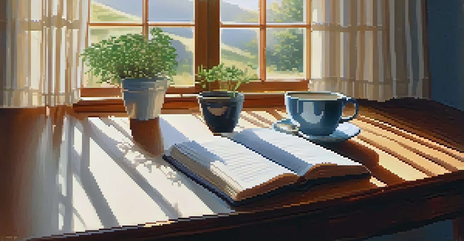 A person journaling in a sunlit room with a cup of herbal tea and a plant on the table.
