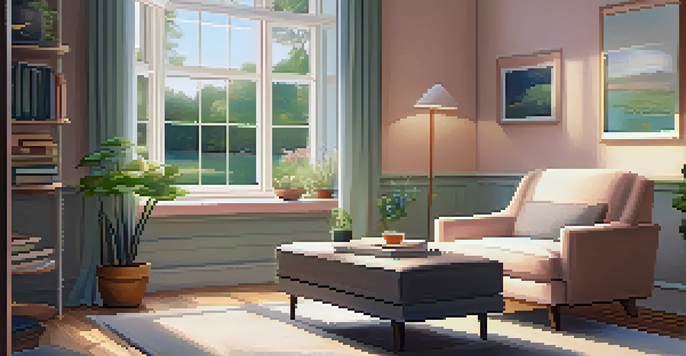 A peaceful therapist's office with a cozy armchair, a coffee table with books, and a garden view through the window.