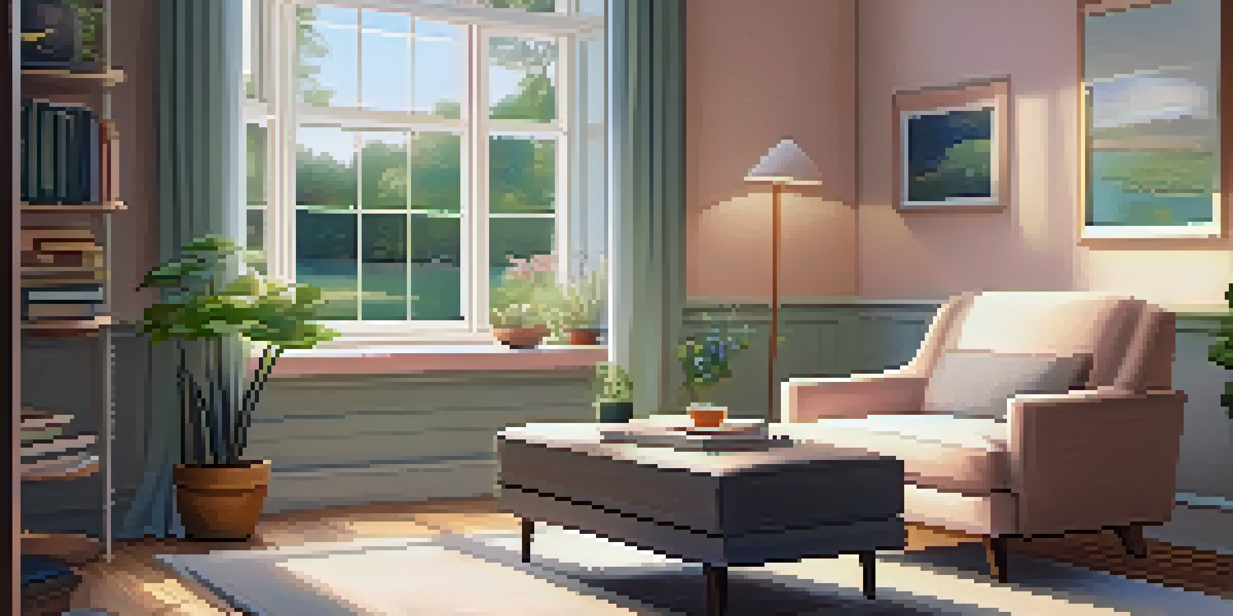 A peaceful therapist's office with a cozy armchair, a coffee table with books, and a garden view through the window.