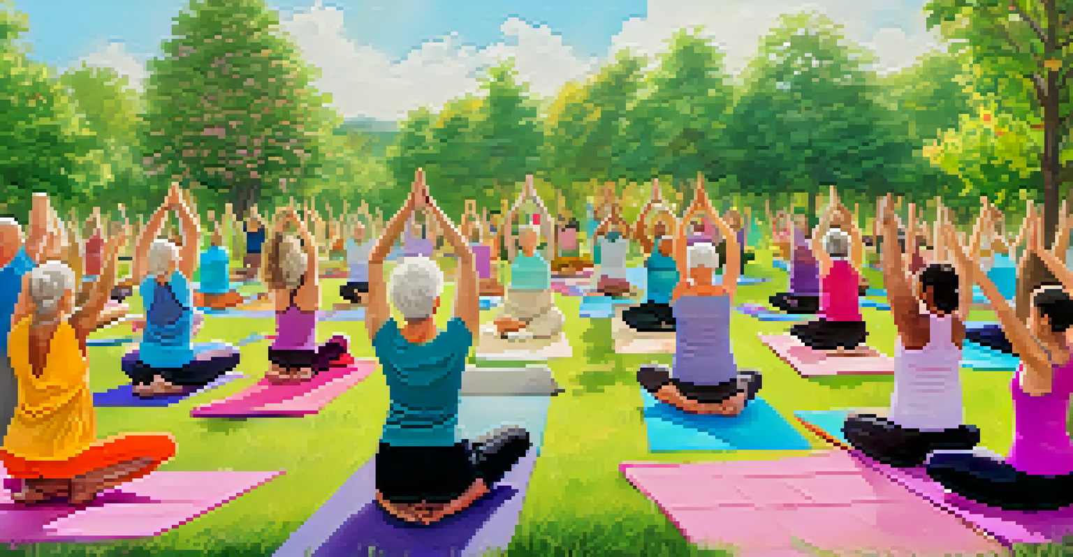 Seniors practicing yoga in a sunny outdoor setting with a wellness coach demonstrating poses.