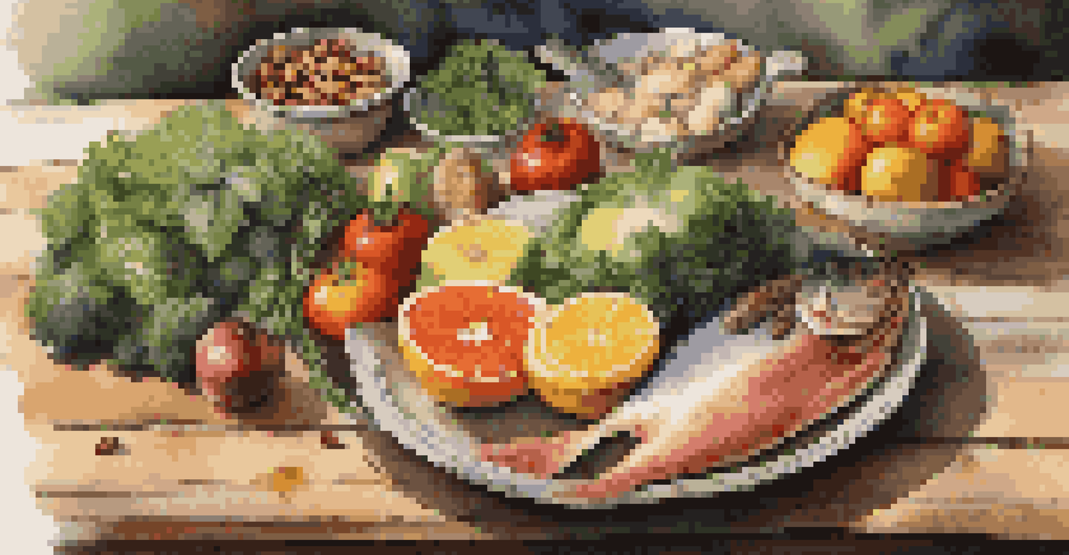 A vibrant plate of whole foods including fruits, vegetables, and fish, set on a wooden table in a cozy kitchen environment.