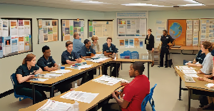A diverse group of people practicing crisis intervention techniques in a classroom setting, with various training props.