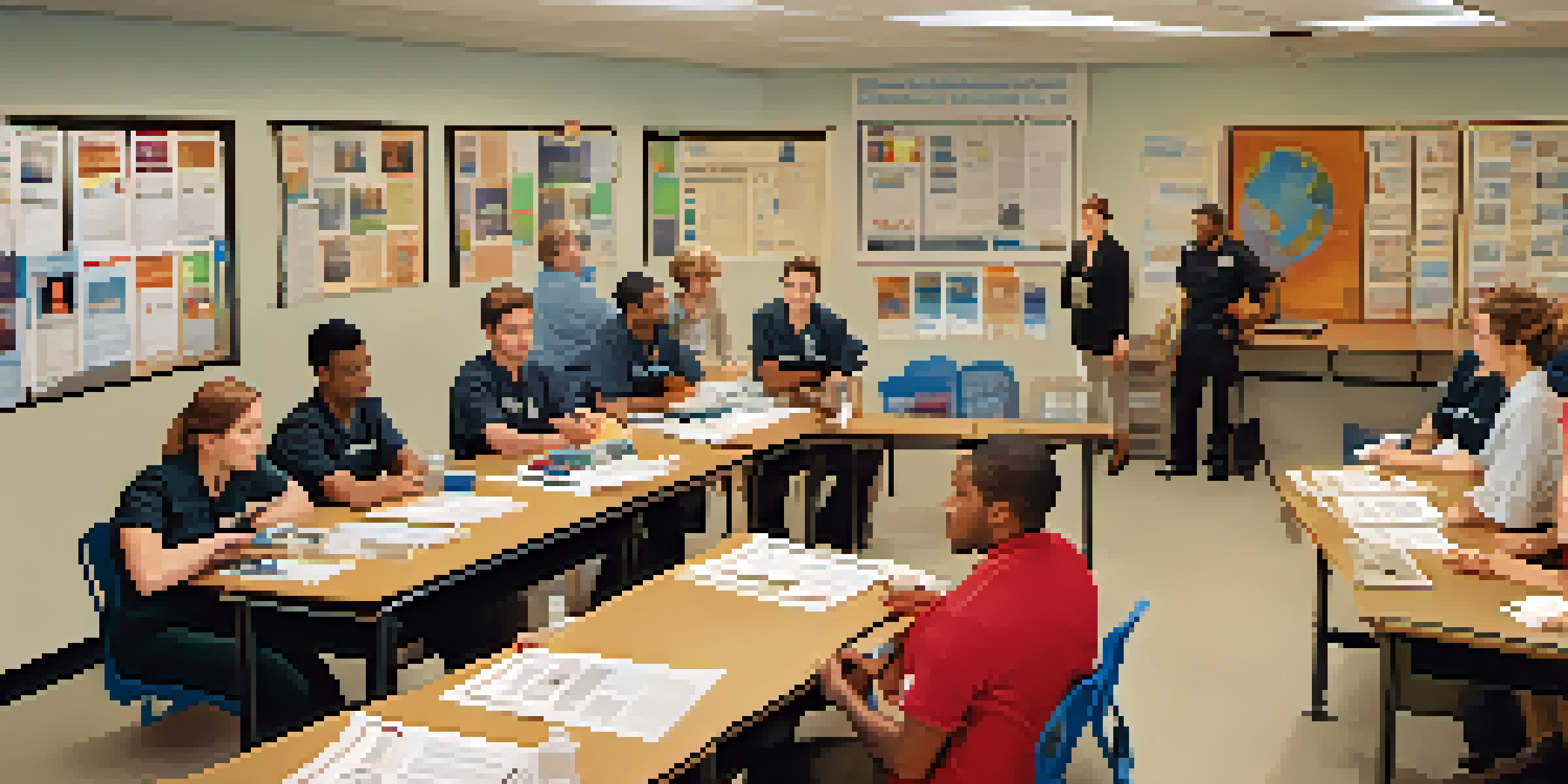 A diverse group of people practicing crisis intervention techniques in a classroom setting, with various training props.