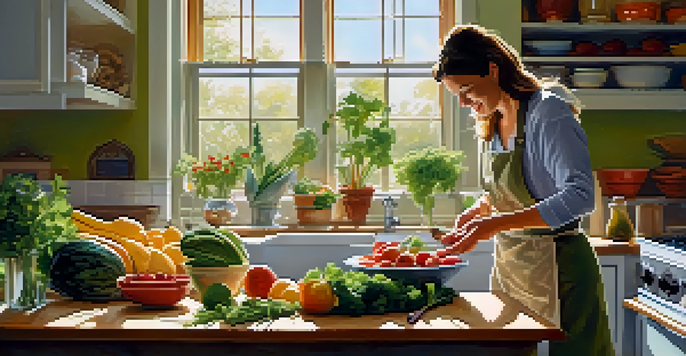 A colorful kitchen with fresh ingredients for a balanced meal, including fruits and vegetables, illuminated by sunlight.