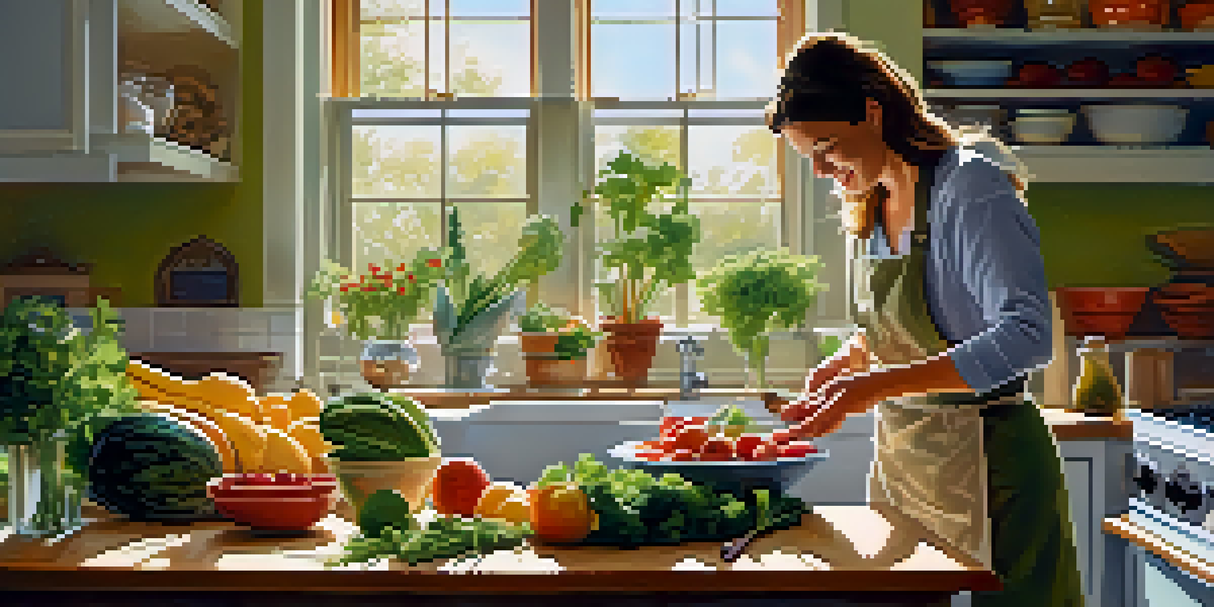 A colorful kitchen with fresh ingredients for a balanced meal, including fruits and vegetables, illuminated by sunlight.
