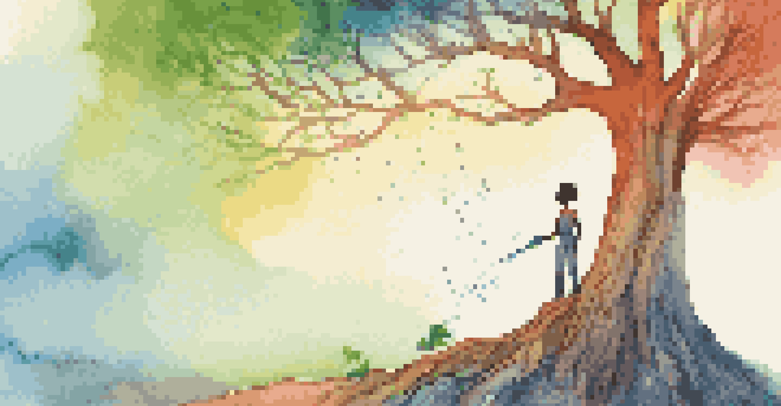 A person watering a small plant that is growing into a larger tree, symbolizing growth and resilience, with a colorful and uplifting background.