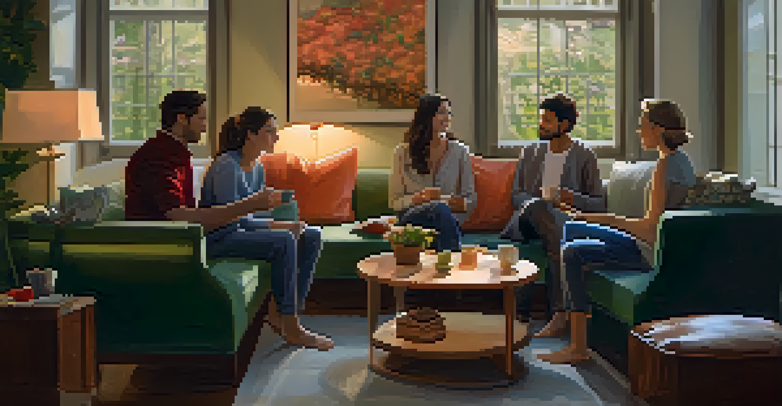 A small group of people in a cozy room, sharing stories around a coffee table with snacks and drinks.