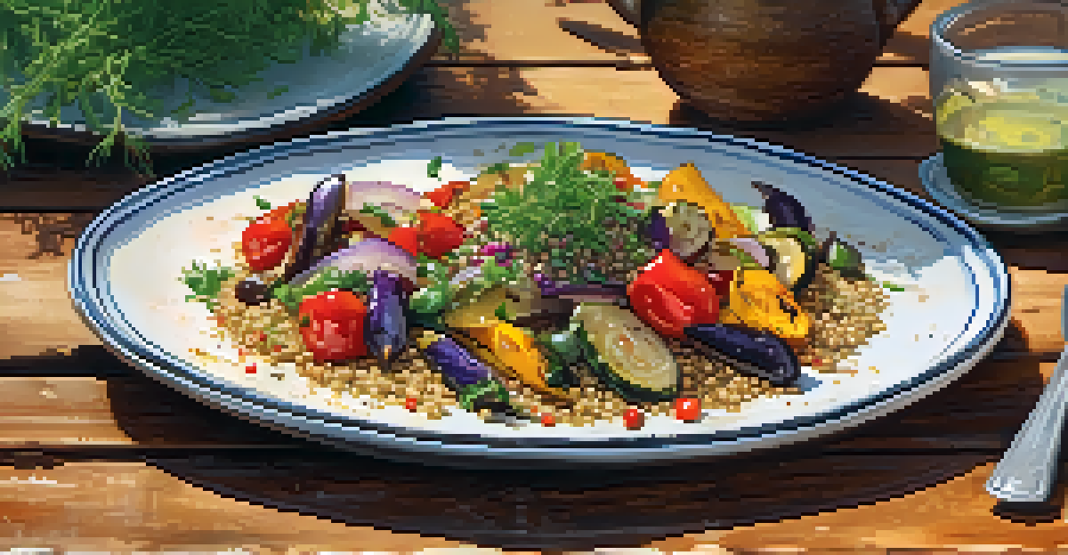 A colorful Mediterranean dish of grilled vegetables and quinoa beautifully arranged on a rustic wooden table with a glass of herbal tea in the background.