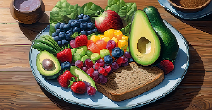 A plate filled with colorful fruits and vegetables, including avocados, berries, and leafy greens, arranged on a wooden table.