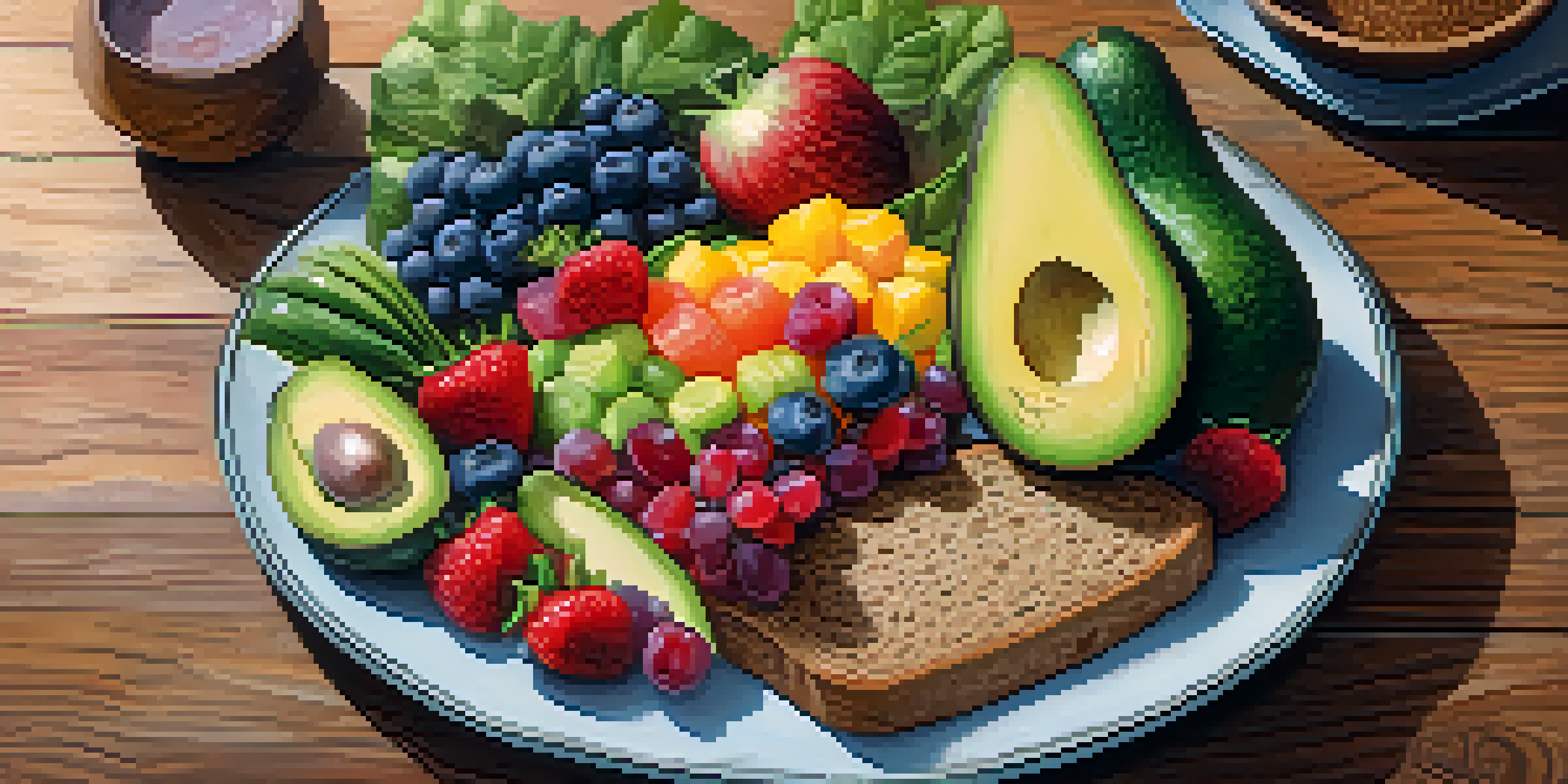 A plate filled with colorful fruits and vegetables, including avocados, berries, and leafy greens, arranged on a wooden table.
