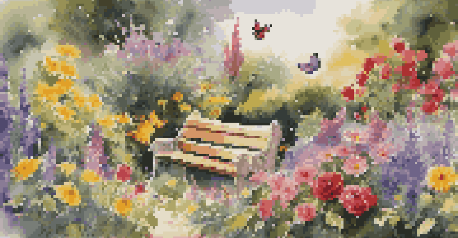 A vibrant garden with blooming flowers of various colors, butterflies, and a wooden bench surrounded by greenery.