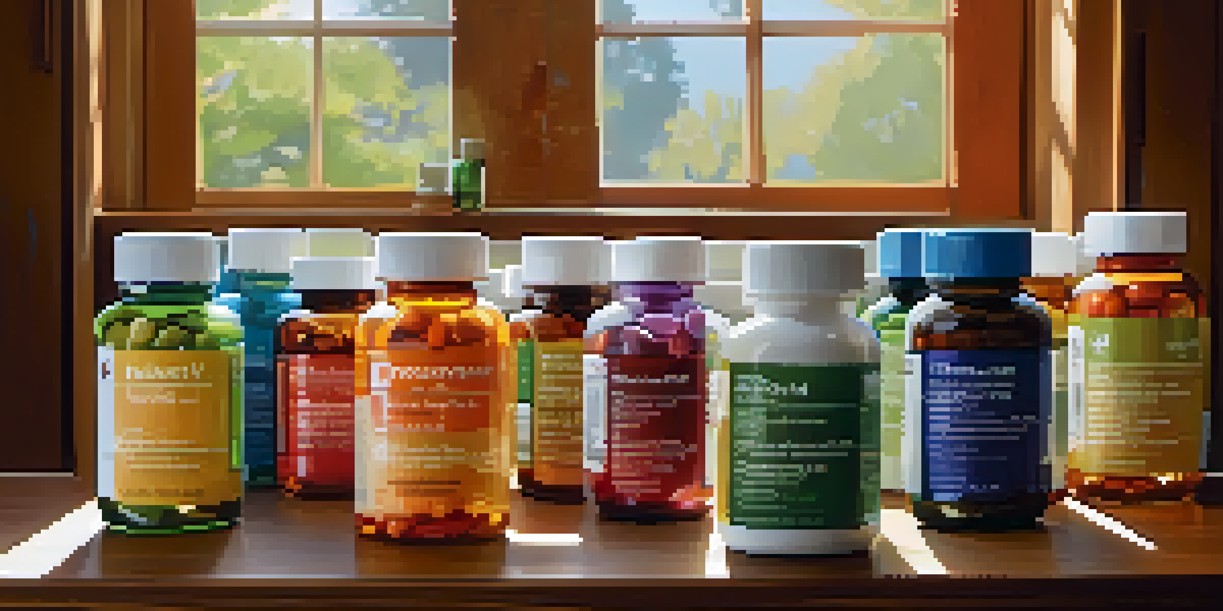 A collection of dietary supplements including vitamins, omega-3 capsules, and probiotics on a wooden table with sunlight filtering through a window.