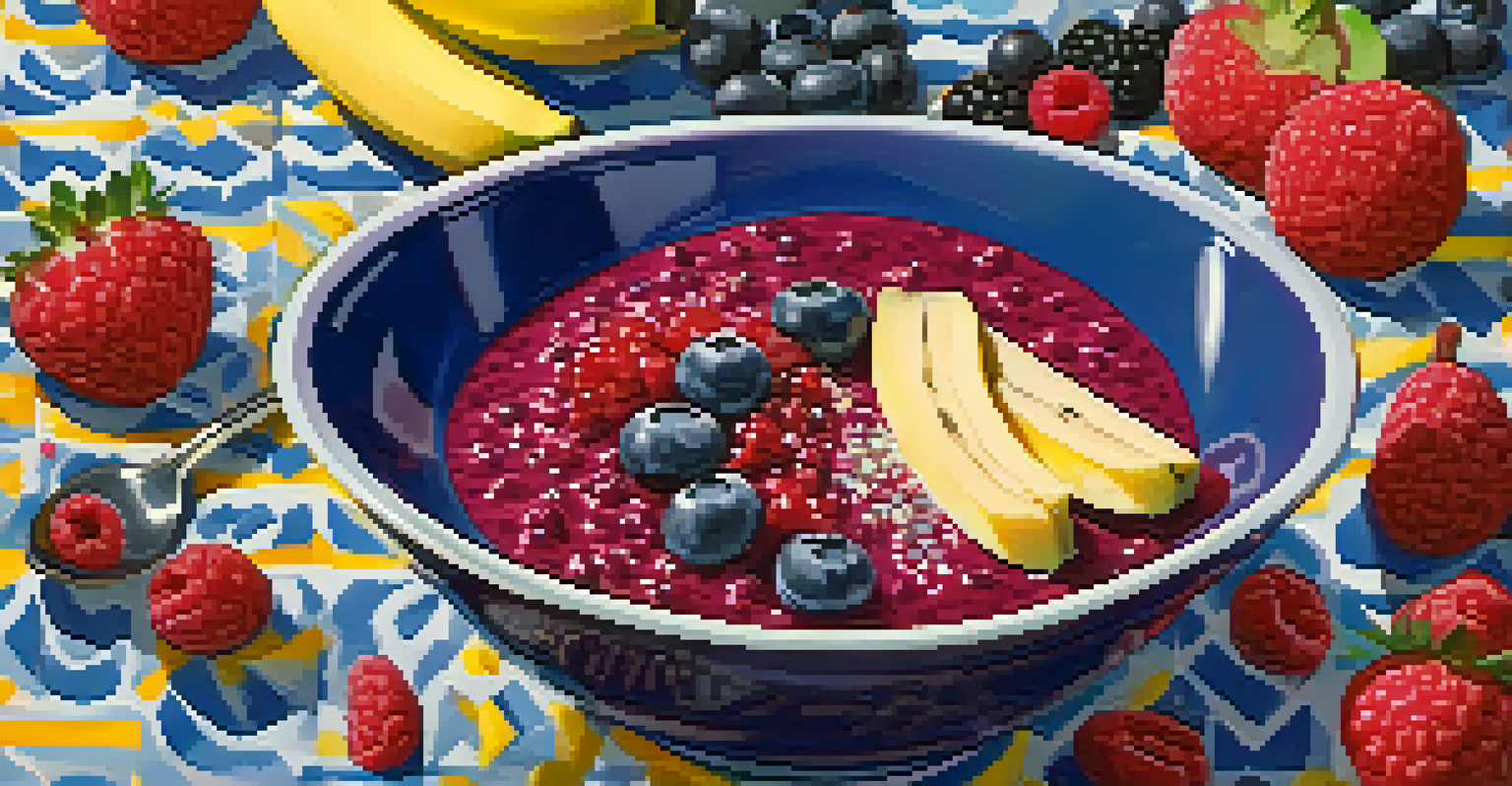 A smoothie bowl made with beetroot, topped with fruits and seeds, on a colorful tablecloth.
