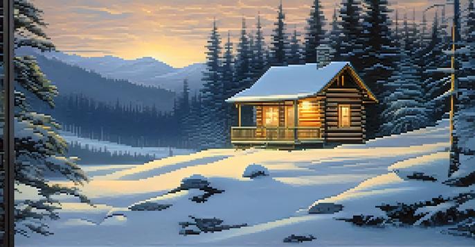A peaceful winter scene with a cabin in a snowy forest at twilight, softly lit from the inside.