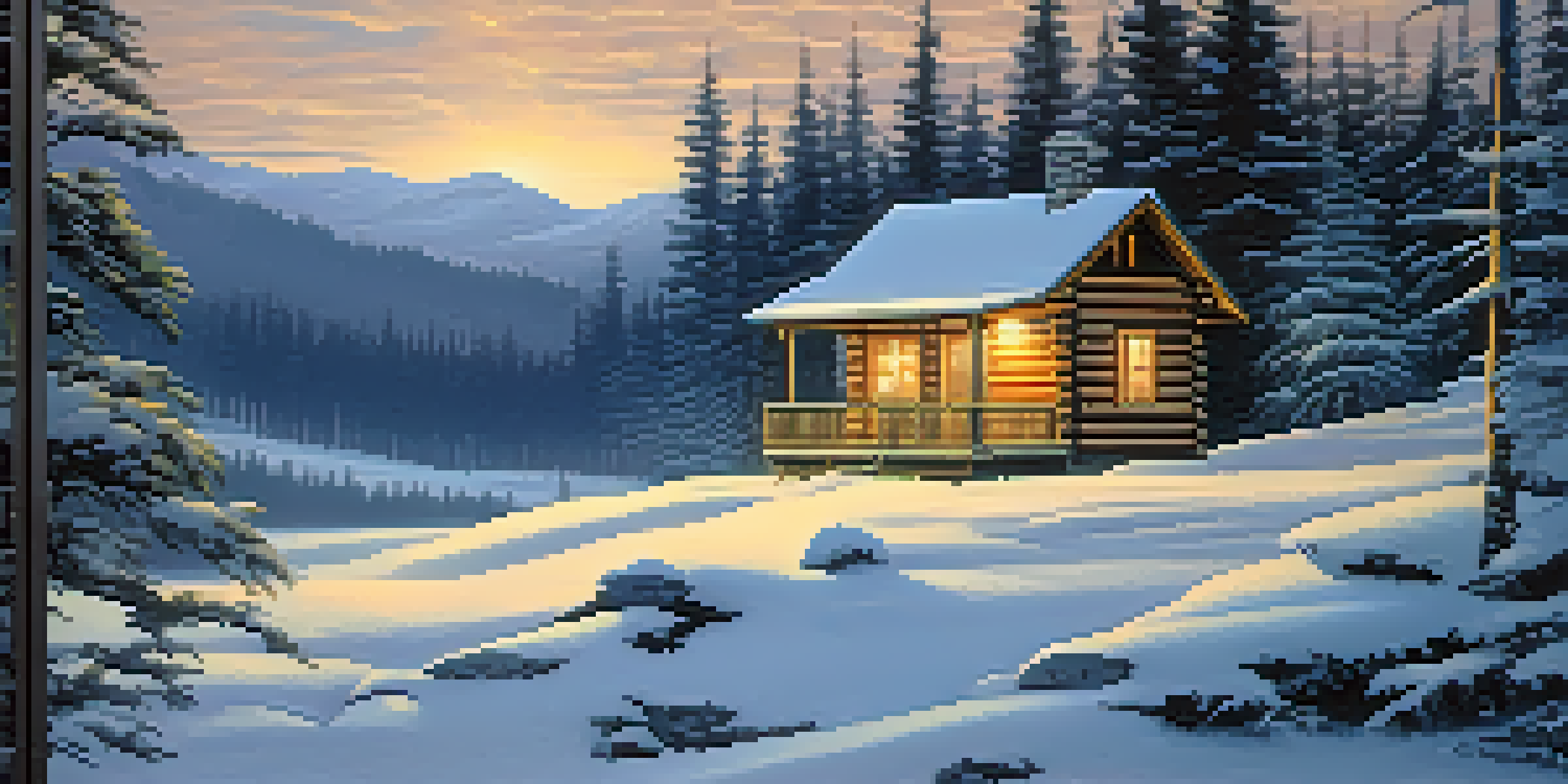 A peaceful winter scene with a cabin in a snowy forest at twilight, softly lit from the inside.