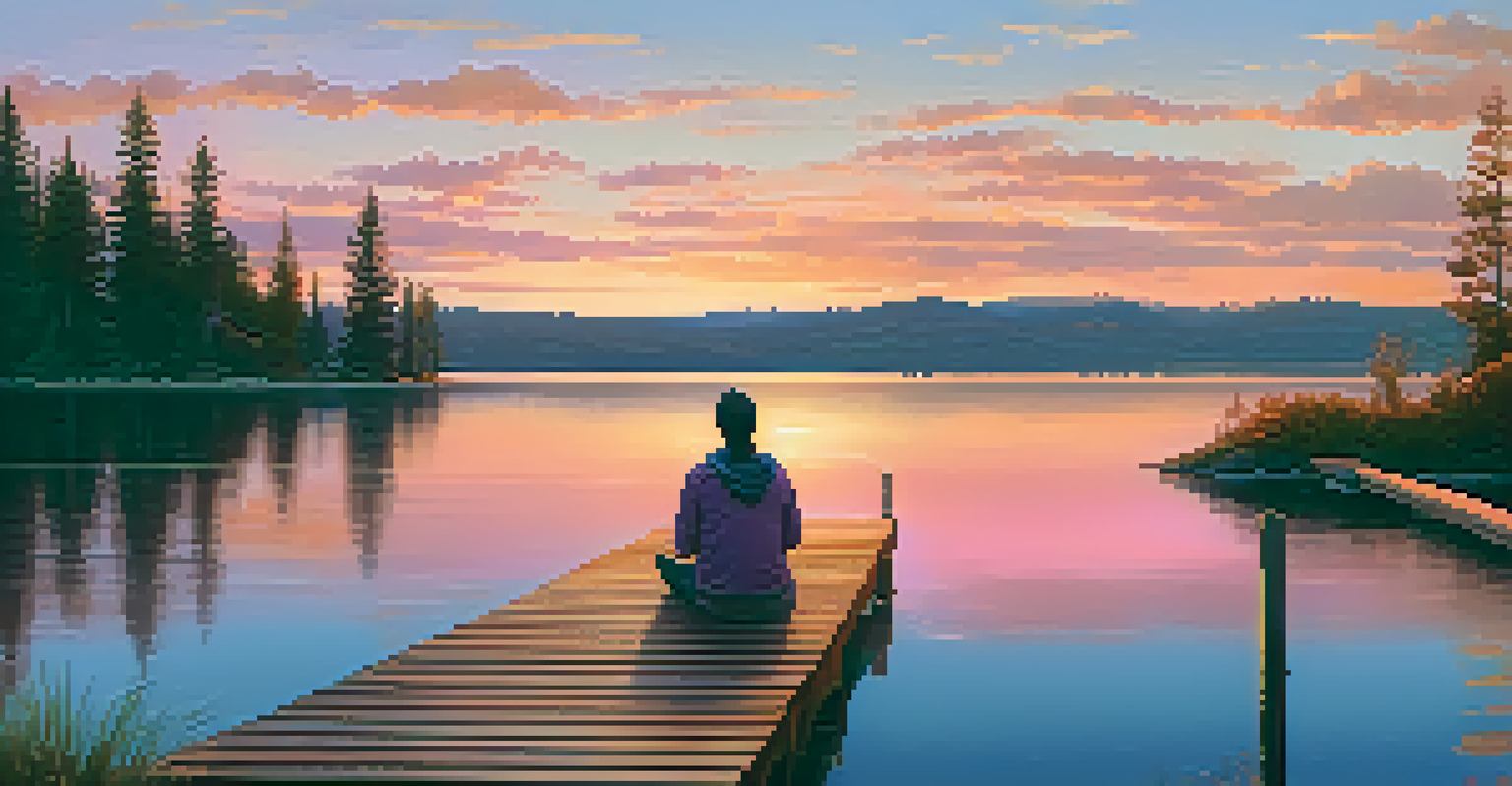 A person sitting on a dock by a tranquil lake at sunset, surrounded by beautiful colors and a sense of peace.