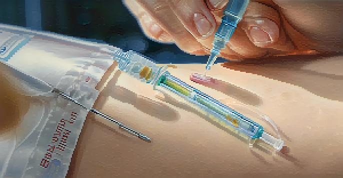A close-up of a syringe injecting a vaccine into an arm, showcasing the vaccination process.