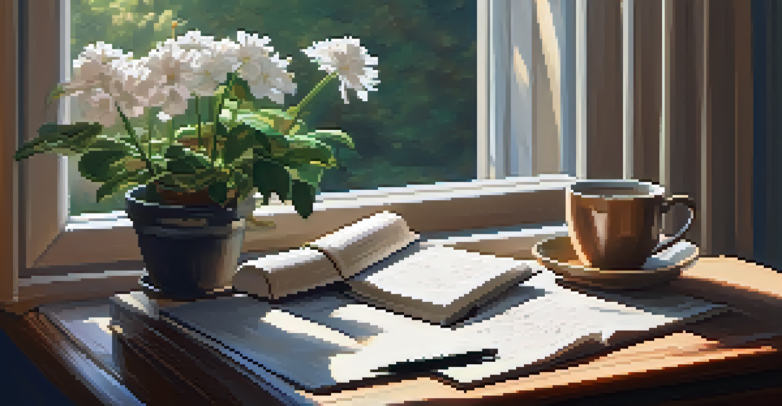 A tranquil writing desk with an open journal, a cup of tea, and a potted plant, illuminated by soft morning light from a window.