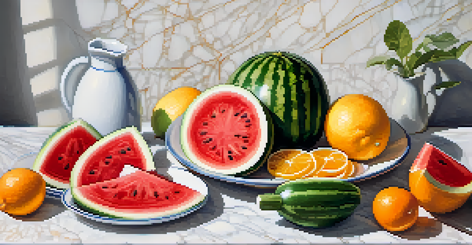 A colorful fruit platter with watermelon, oranges, and cucumbers on a white plate, accompanied by a jug of water and a lemon slice.