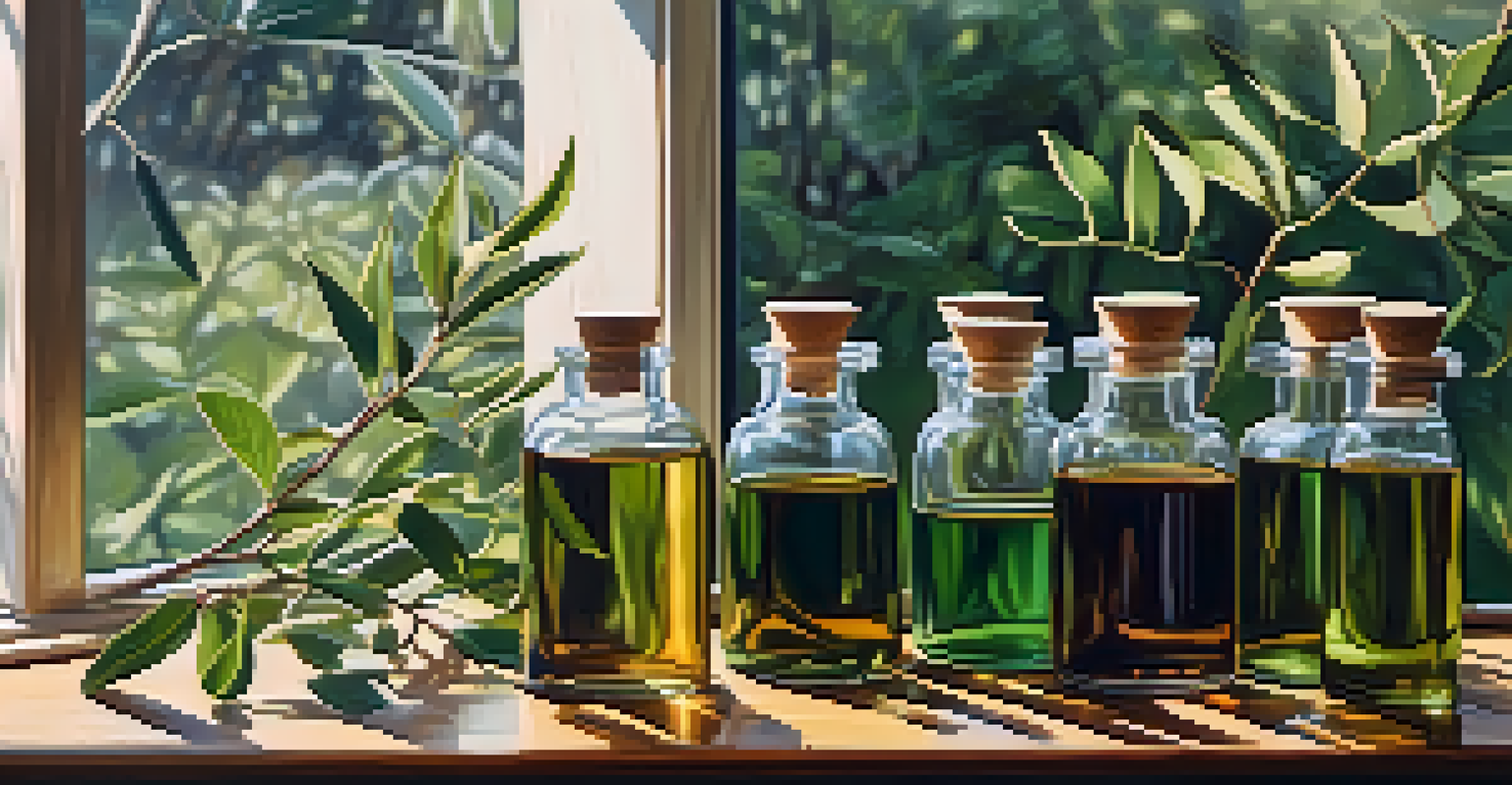 A collection of tea tree oil bottles on a wooden surface, surrounded by eucalyptus leaves and pebbles, illuminated by sunlight.